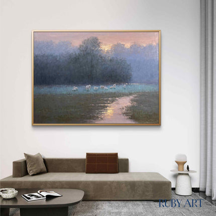 Sunset Meadow Oil Painting with Sheep - Pastoral Landscape Art - Serene Countryside Scene for Wall Decor