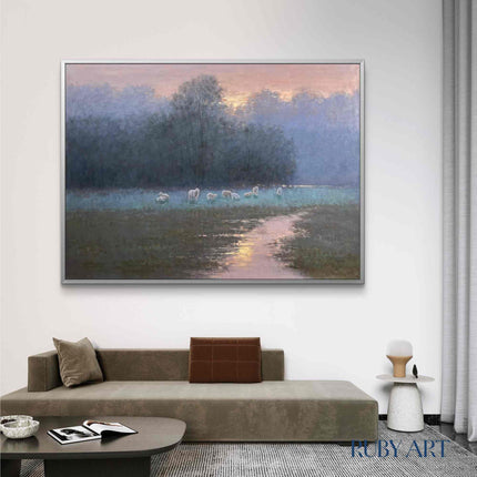Sunset Meadow Oil Painting with Sheep - Pastoral Landscape Art - Serene Countryside Scene for Wall Decor