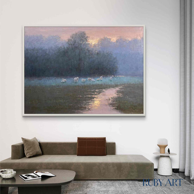 Sunset Meadow Oil Painting with Sheep - Pastoral Landscape Art - Serene Countryside Scene for Wall Decor