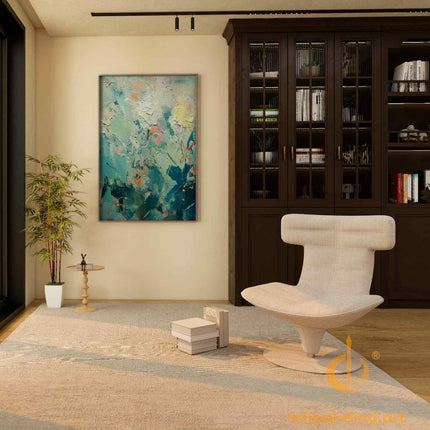"Modern Abstract Oil Painting - Vibrant Teal & Gold Splash - Handmade Contemporary Wall Art for Living Room Decor"
