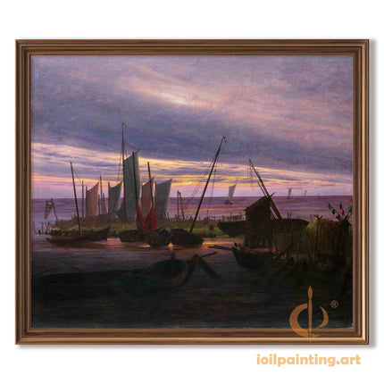 "Caspar David Friedrich's 'Harbor Serenity at Sunset' - Hand-Painted Romantic Oil Painting Reproduction"