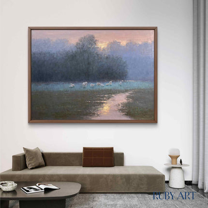 Sunset Meadow Oil Painting with Sheep - Pastoral Landscape Art - Serene Countryside Scene for Wall Decor