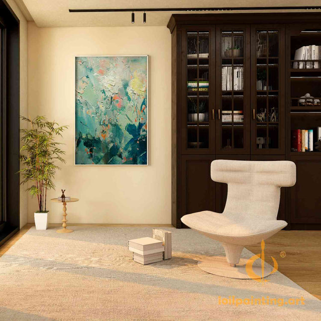 "Modern Abstract Oil Painting - Vibrant Teal & Gold Splash - Handmade Contemporary Wall Art for Living Room Decor"