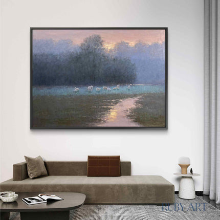 Sunset Meadow Oil Painting with Sheep - Pastoral Landscape Art - Serene Countryside Scene for Wall Decor
