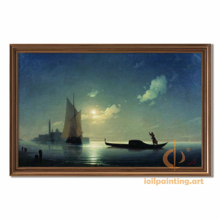 "Ivan Aivazovsky's 'Moonlit Harbor with Sailboats' - Hand-Painted Oil Painting Reproduction"