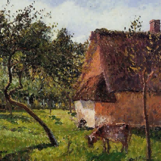 "Camille Pissarro's 'Rustic Thatched Cottage with Grazing Cow' - Hand-Painted Countryside Oil Painting Reproduction"