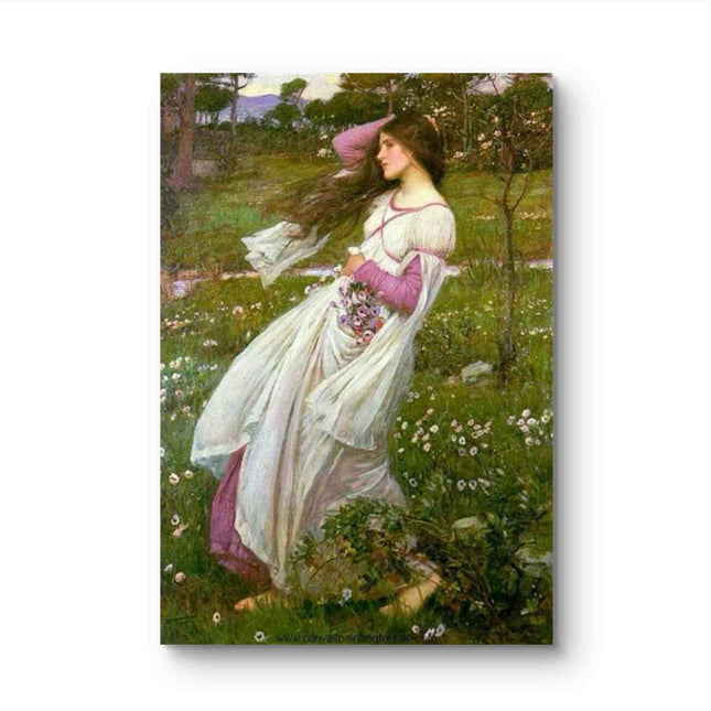 "John William Waterhouse's 'Windblown Beauty in Floral Meadow' - Hand-Painted Oil Painting Reproduction"