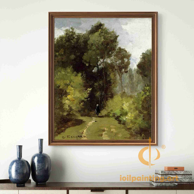 "Camille Pissarro's 'Solitary Walker in Sunlit Forest' - Hand-Painted Impressionist Oil Painting Reproduction"