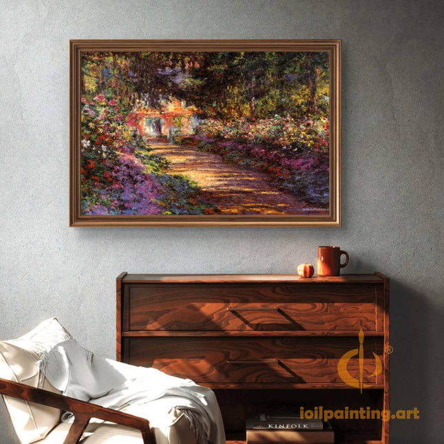 "Claude Monet's 'Sunlit Garden Pathway in Giverny' - Hand-Painted Oil Painting Reproduction"