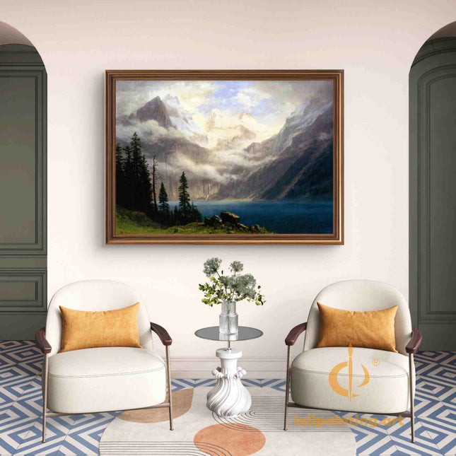 "Albert Bierstadt's 'Alpine Serenity' - Hand-Painted Mountain Lake Oil Painting Reproduction"