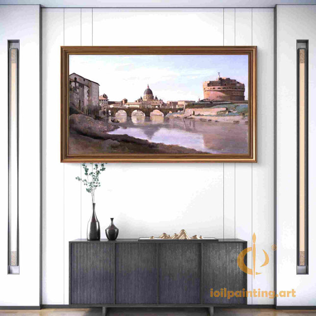 "Camille Corot's 'Riverside Castle with Stone Bridge' - Hand-Painted Oil Painting Reproduction"