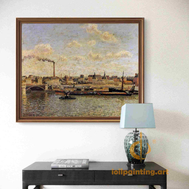 "Camille Pissarro's 'Riverside with Boats and Smoking Chimney' - Hand-Painted Impressionist Oil Painting Reproduction"