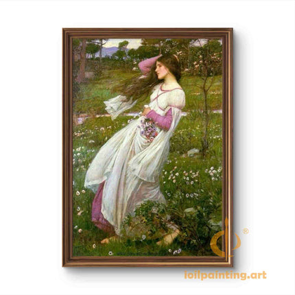 "John William Waterhouse's 'Windblown Beauty in Floral Meadow' - Hand-Painted Oil Painting Reproduction"