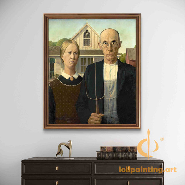 "Grant Wood's 'American Gothic' - Hand-Painted Classic Oil Painting Reproduction"