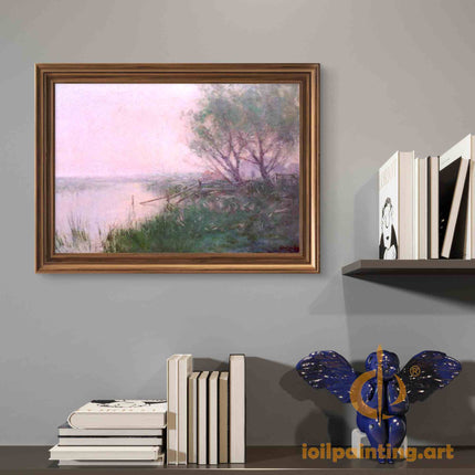 "Julian Onderdonk's 'Serene Riverbank with Flowering Trees' - Premium Hand-Painted Oil Reproduction on Canvas"