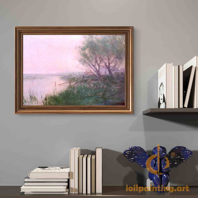 "Julian Onderdonk's 'Serene Riverbank with Flowering Trees' - Premium Hand-Painted Oil Reproduction on Canvas"