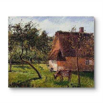 "Camille Pissarro's 'Rustic Thatched Cottage with Grazing Cow' - Hand-Painted Countryside Oil Painting Reproduction"