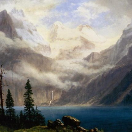 "Albert Bierstadt's 'Alpine Serenity' - Hand-Painted Mountain Lake Oil Painting Reproduction"