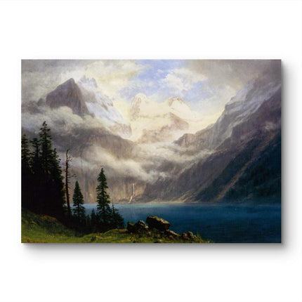 "Albert Bierstadt's 'Alpine Serenity' - Hand-Painted Mountain Lake Oil Painting Reproduction"
