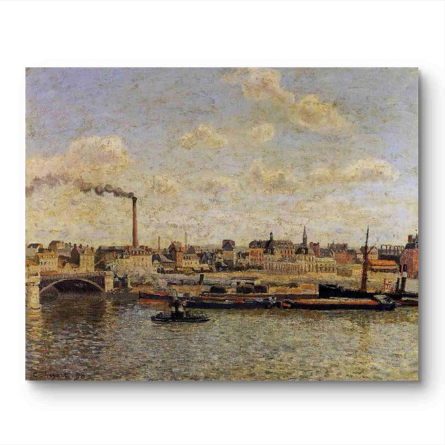 "Camille Pissarro's 'Riverside with Boats and Smoking Chimney' - Hand-Painted Impressionist Oil Painting Reproduction"