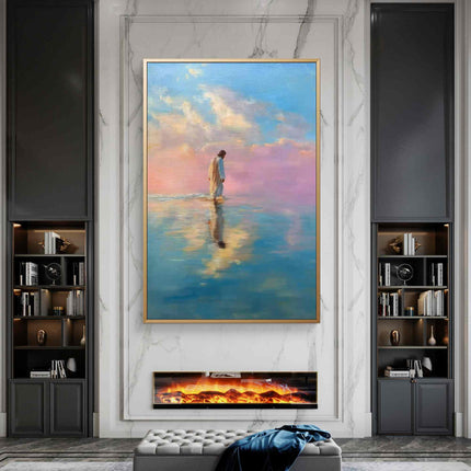 Abstract Jesus Walking on Water Oil Painting - Spiritual Christian Art - Blue and Purple Serene Landscape Canvas