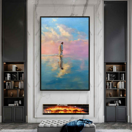 Abstract Jesus Walking on Water Oil Painting - Spiritual Christian Art - Blue and Purple Serene Landscape Canvas