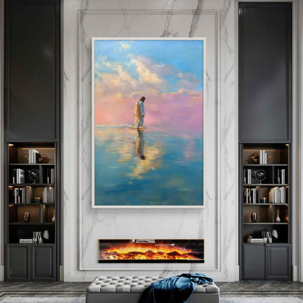 Abstract Jesus Walking on Water Oil Painting - Spiritual Christian Art - Blue and Purple Serene Landscape Canvas