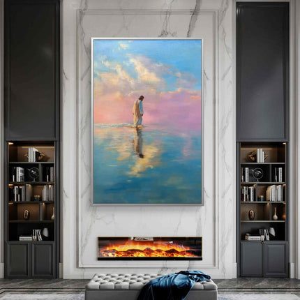 Abstract Jesus Walking on Water Oil Painting - Spiritual Christian Art - Blue and Purple Serene Landscape Canvas