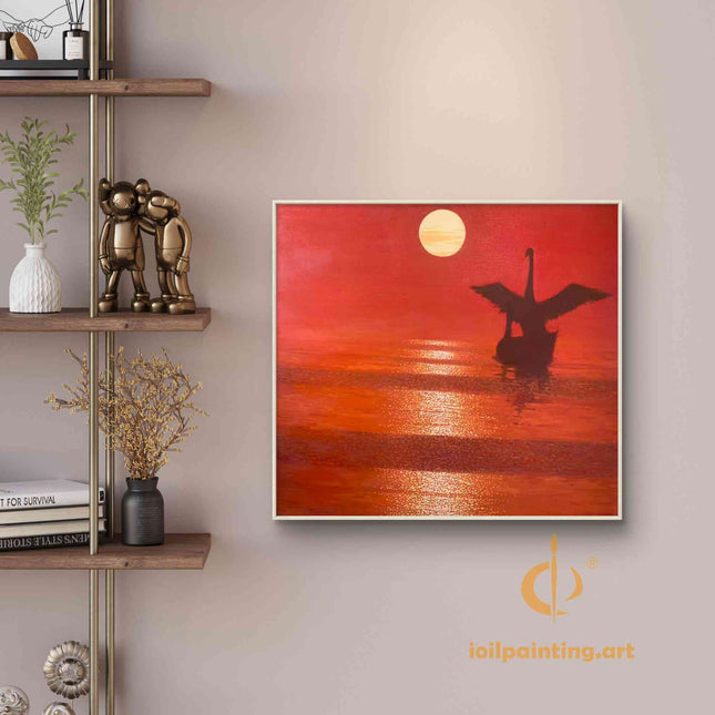"Majestic Swan at Sunset - Premium Hand-Painted Oil Reproduction on Canvas"