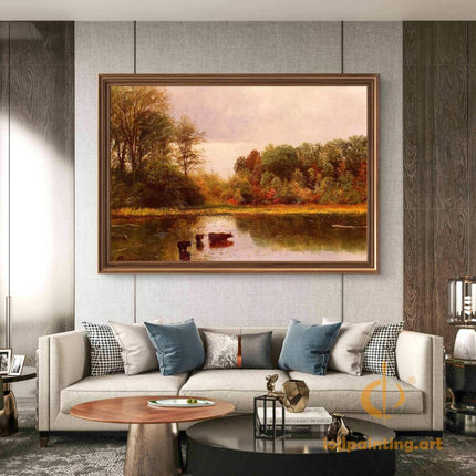 "John Constable's 'Cattle Watering at Dusk' - Hand-Painted English Landscape Oil Painting Reproduction"