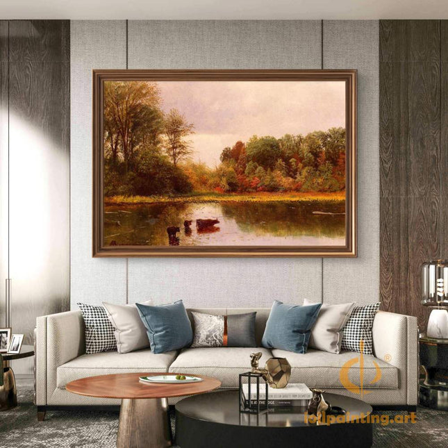 "John Constable's 'Cattle Watering at Dusk' - Hand-Painted English Landscape Oil Painting Reproduction"