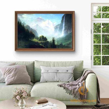 "Albert Bierstadt's 'Alpine Grandeur' - Hand-Painted Mountain Landscape Oil Painting Reproduction"