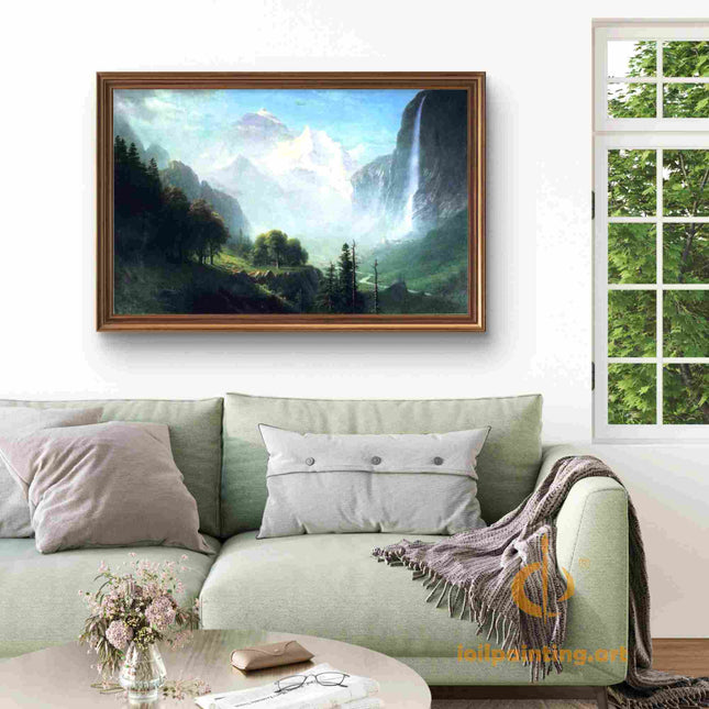 "Albert Bierstadt's 'Alpine Grandeur' - Hand-Painted Mountain Landscape Oil Painting Reproduction"