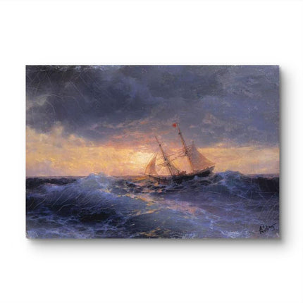 "Ivan Aivazovsky's 'Sunset Sailboat in Stormy Seas' - Hand-Painted Oil Painting Reproduction"
