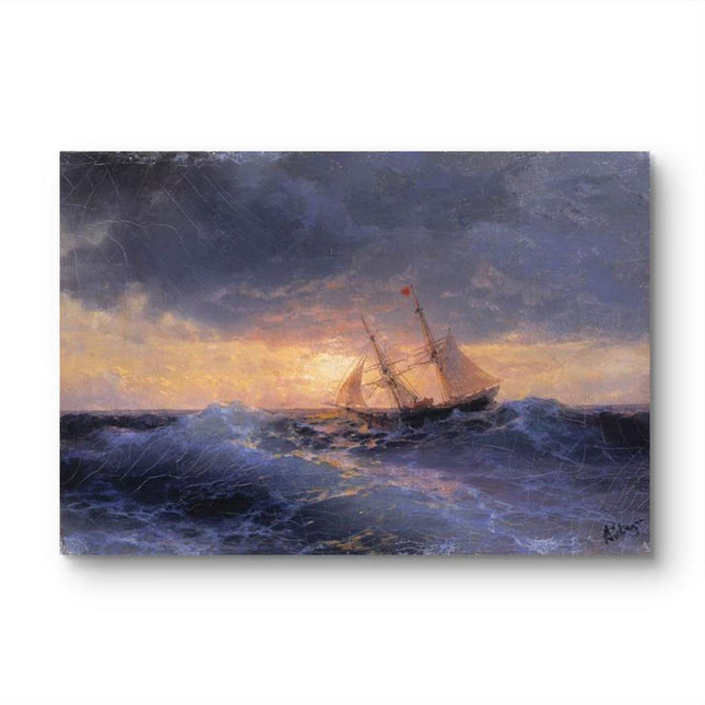 "Ivan Aivazovsky's 'Sunset Sailboat in Stormy Seas' - Hand-Painted Oil Painting Reproduction"