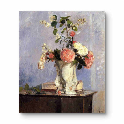 "Camille Pissarro's 'Floral Still Life with White Vase' - Hand-Painted Impressionist Oil Painting Reproduction"