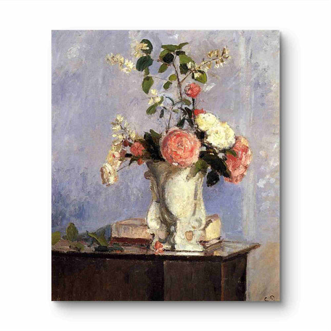 "Camille Pissarro's 'Floral Still Life with White Vase' - Hand-Painted Impressionist Oil Painting Reproduction"