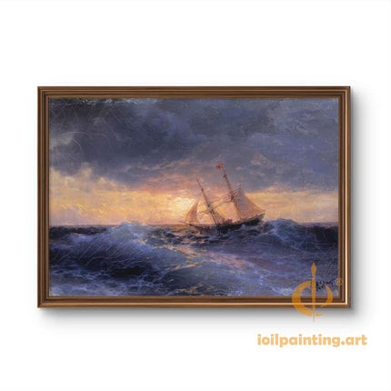 "Ivan Aivazovsky's 'Sunset Sailboat in Stormy Seas' - Hand-Painted Oil Painting Reproduction"