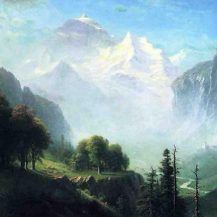 "Albert Bierstadt's 'Alpine Grandeur' - Hand-Painted Mountain Landscape Oil Painting Reproduction"