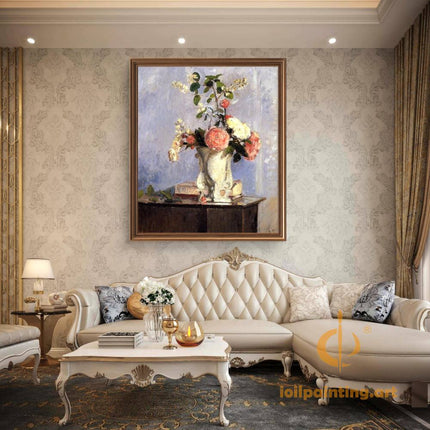 "Camille Pissarro's 'Floral Still Life with White Vase' - Hand-Painted Impressionist Oil Painting Reproduction"