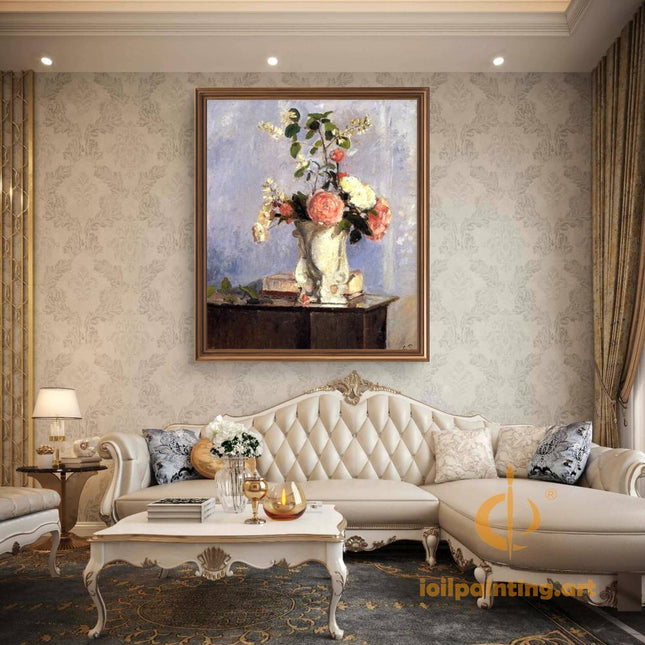 "Camille Pissarro's 'Floral Still Life with White Vase' - Hand-Painted Impressionist Oil Painting Reproduction"