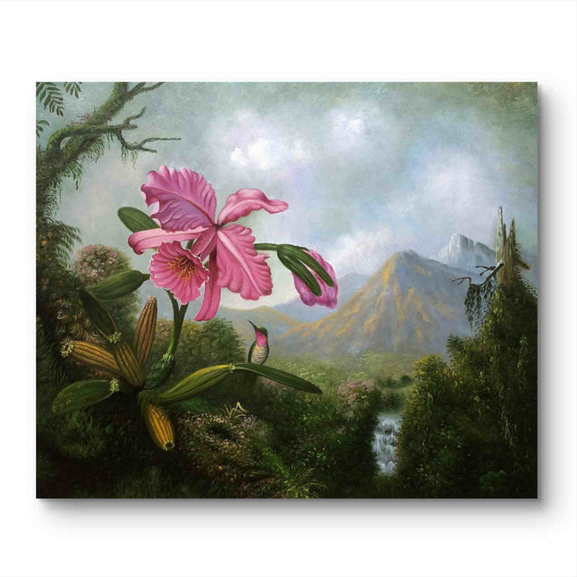 "Martin Johnson Heade Inspired 'Pink Orchid and Hummingbird' - Premium Hand-Painted Oil Reproduction on Canvas"