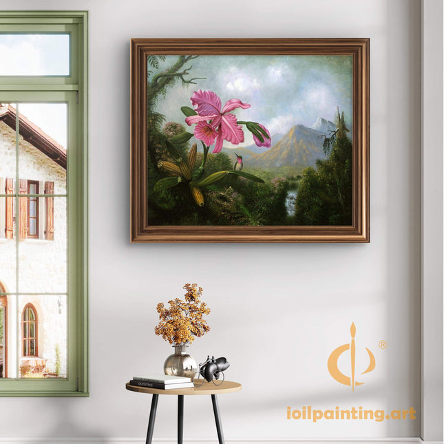 "Martin Johnson Heade Inspired 'Pink Orchid and Hummingbird' - Premium Hand-Painted Oil Reproduction on Canvas"