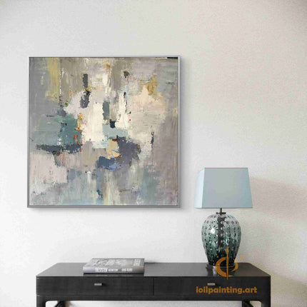 Modern Abstract Oil Painting - Textured Gray and Gold Wall Art for Calming Interiors