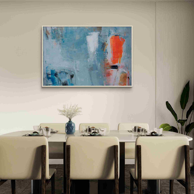 "Serene Blue & White Abstract Oil Painting with Vibrant Orange Accent | Modern Handmade Canvas Wall Art"