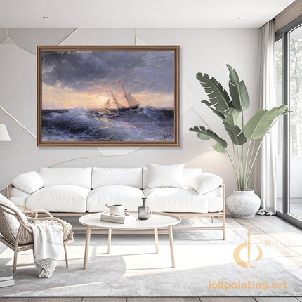 "Ivan Aivazovsky's 'Sunset Sailboat in Stormy Seas' - Hand-Painted Oil Painting Reproduction"