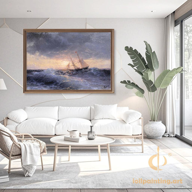 "Ivan Aivazovsky's 'Sunset Sailboat in Stormy Seas' - Hand-Painted Oil Painting Reproduction"