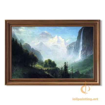 "Albert Bierstadt's 'Alpine Grandeur' - Hand-Painted Mountain Landscape Oil Painting Reproduction"