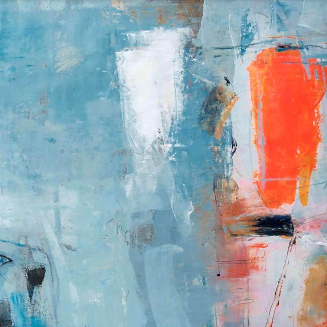 "Serene Blue & White Abstract Oil Painting with Vibrant Orange Accent | Modern Handmade Canvas Wall Art"
