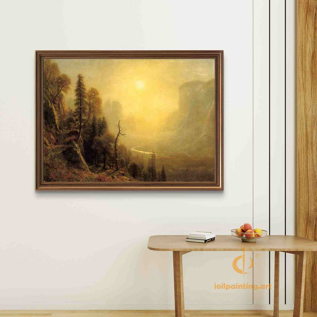 "Albert Bierstadt's 'Golden River Serenity' - Hand-Painted Landscape Oil Painting Reproduction"